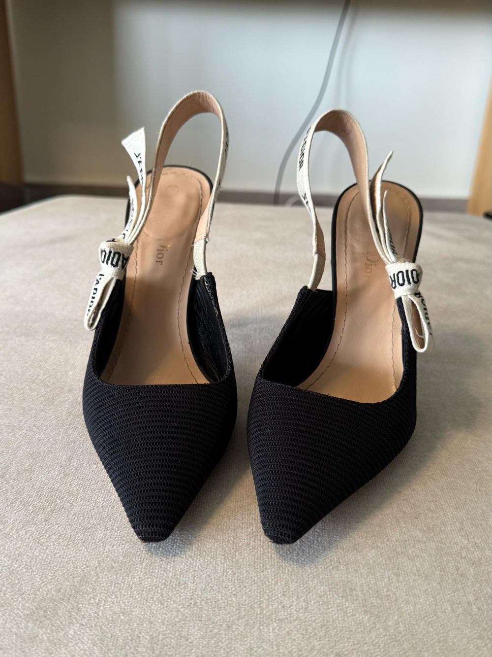 Dior Black Pointed Slingback Pumps with White Logo Bow